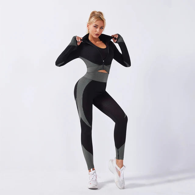 2 Piece Set Women Seamless Sports Suit Gym Workout Clothes Tracksuit Sportswear Fitness Crop Top High Waist Leggings Yoga Set