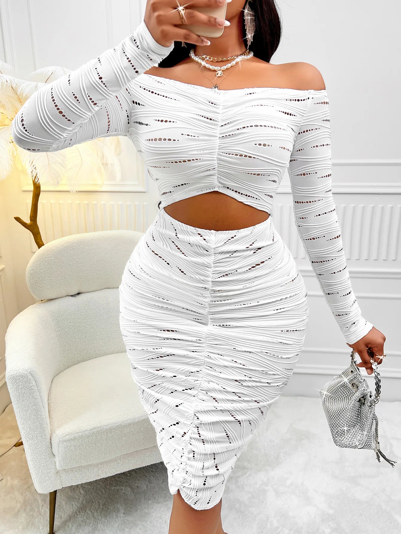 2025 New Fashion White Women's Dresses Sexy Solid Color One-shoulder Long Sleeve Hollow Dress