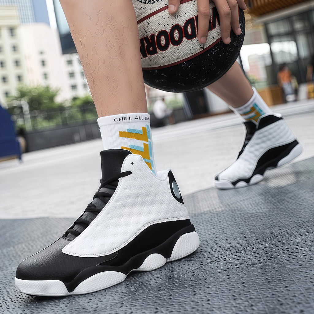 Black White Panda High-Top Basketball Shoes Couples Trendy Casual Microfiber Mesh Upper Non-Slip Rubber Outsole Front Laces