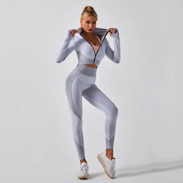 2 Piece Set Women Seamless Sports Suit Gym Workout Clothes Tracksuit Sportswear Fitness Crop Top High Waist Leggings Yoga Set