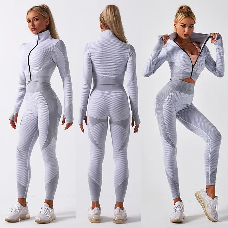 2 Piece Set Women Seamless Sports Suit Gym Workout Clothes Tracksuit Sportswear Fitness Crop Top High Waist Leggings Yoga Set