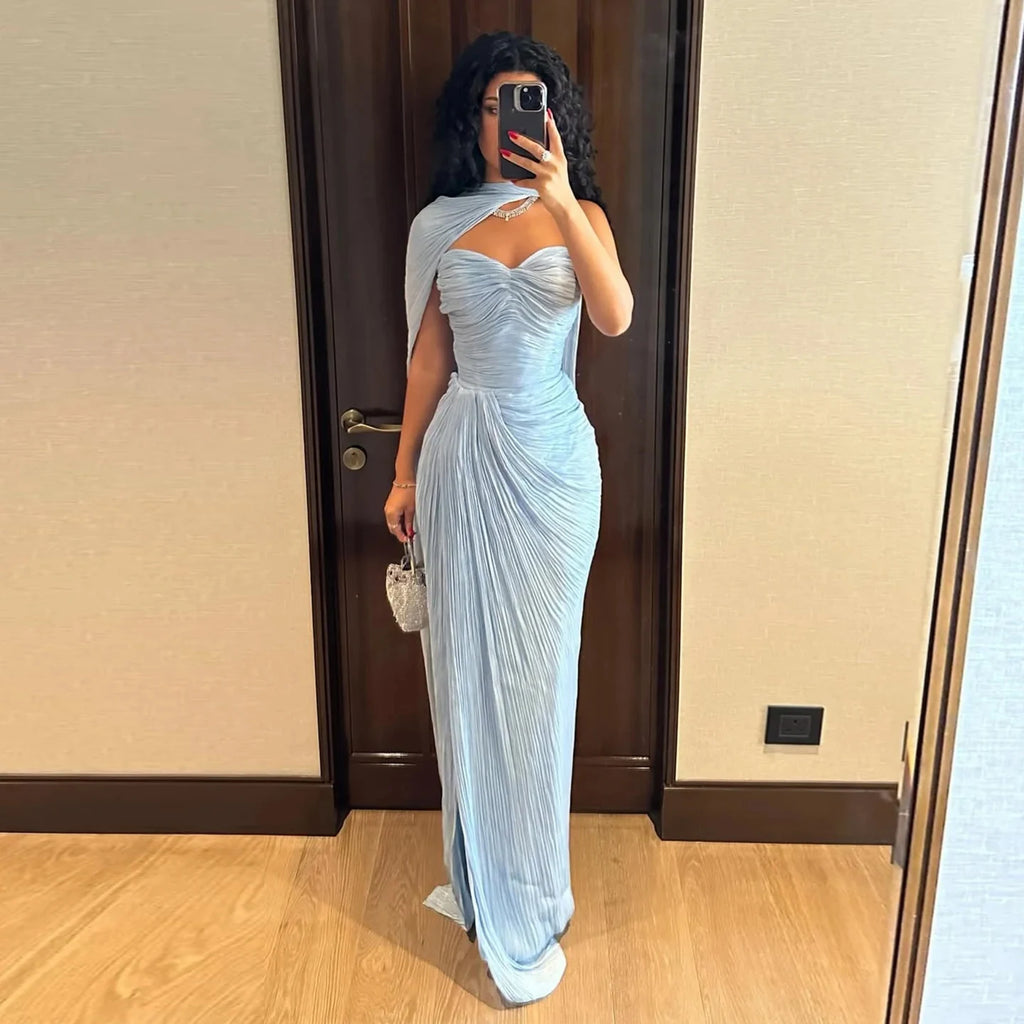 Sharon Said SF363 Light Blue Luxury Sequined Beading Floor-Length Mermaid Silhouette Natural Sweep Train Evening Dress Cape