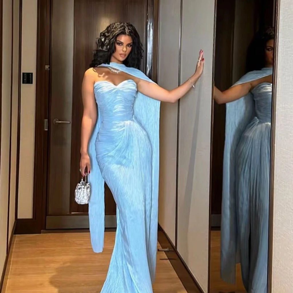 Sharon Said SF363 Light Blue Luxury Sequined Beading Floor-Length Mermaid Silhouette Natural Sweep Train Evening Dress Cape