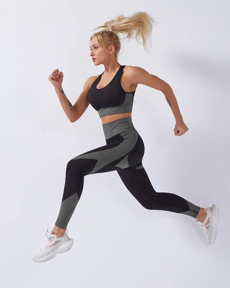 2 Piece Set Women Seamless Sports Suit Gym Workout Clothes Tracksuit Sportswear Fitness Crop Top High Waist Leggings Yoga Set