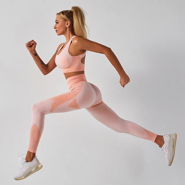 2 Piece Set Women Seamless Sports Suit Gym Workout Clothes Tracksuit Sportswear Fitness Crop Top High Waist Leggings Yoga Set