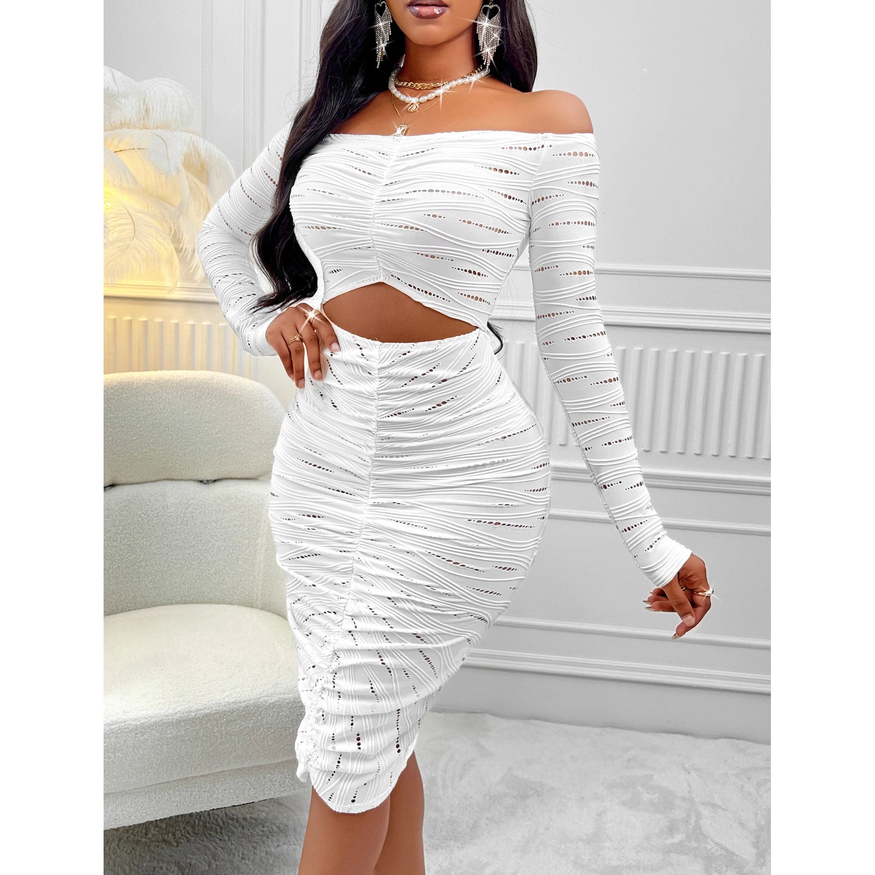 2025 New Fashion White Women's Dresses Sexy Solid Color One-shoulder Long Sleeve Hollow Dress