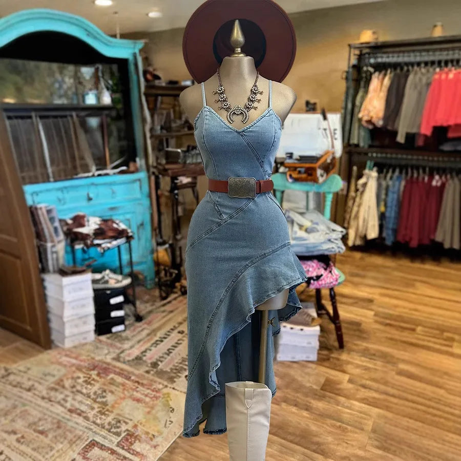 Boutique Wholesale 2025 Summer New Fashionable and Sexy Sleeveless Irregular Denim Women's Dress