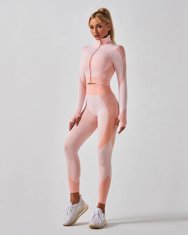 2 Piece Set Women Seamless Sports Suit Gym Workout Clothes Tracksuit Sportswear Fitness Crop Top High Waist Leggings Yoga Set