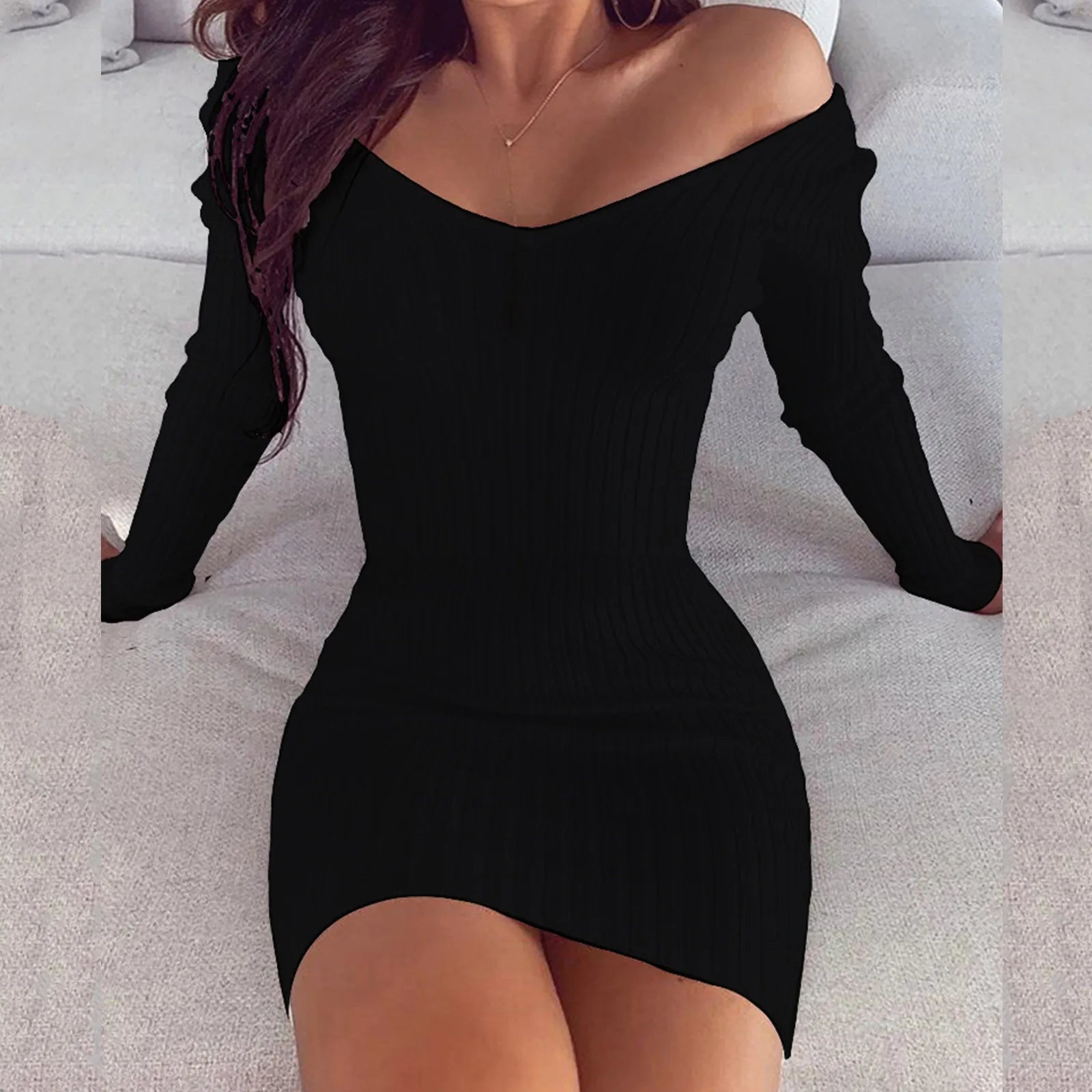 Slim Knitted Dress for Women Solid Color V Neck Long Sleeve Stretchy Short Bodycon Dress Autumn Winter Casual Short Dress