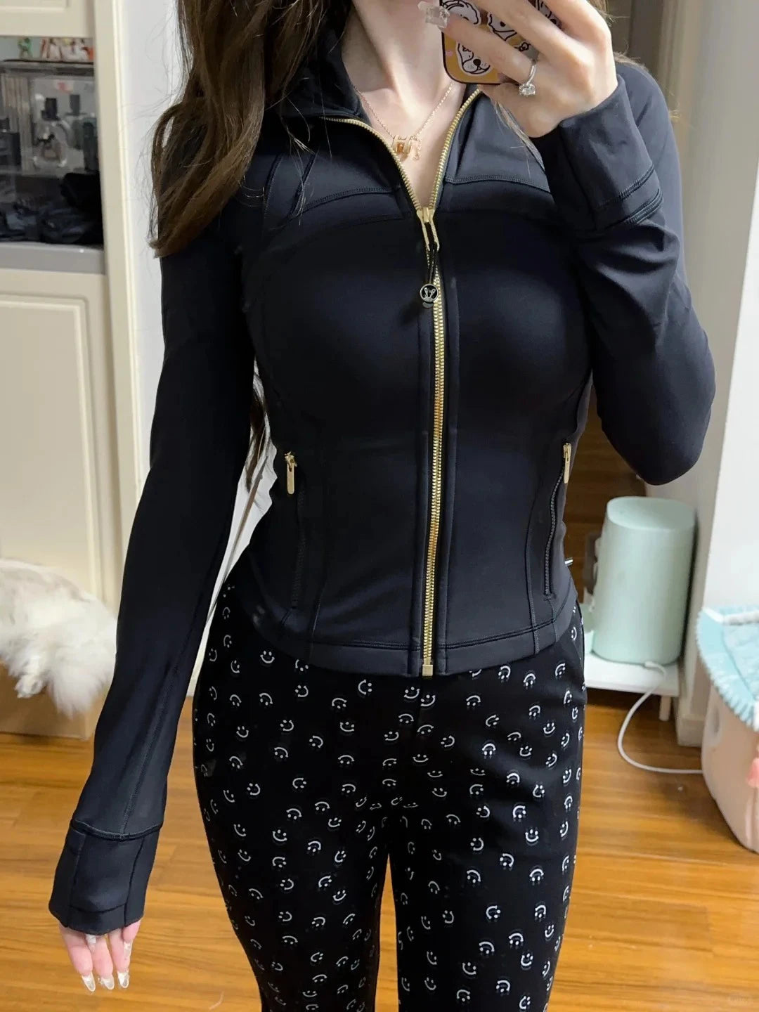 LULU FLORA Women's Yoga Short Sports Jacket with Gold Zipper - Slim Fit Gym Workout Jacket