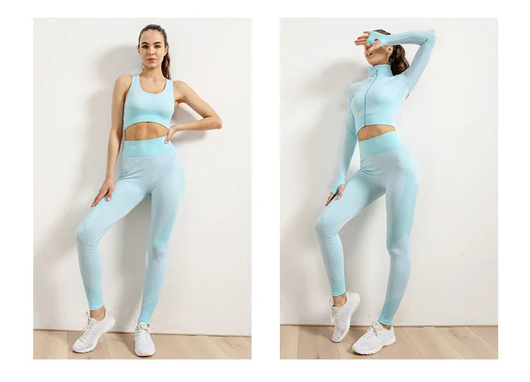 2/3pcs Woman Fitness Sports Yoga Set  Long Sleeves Zipper Jacket Cross Back Bra High Waisted GYM Stretch Leggings Workout Sets