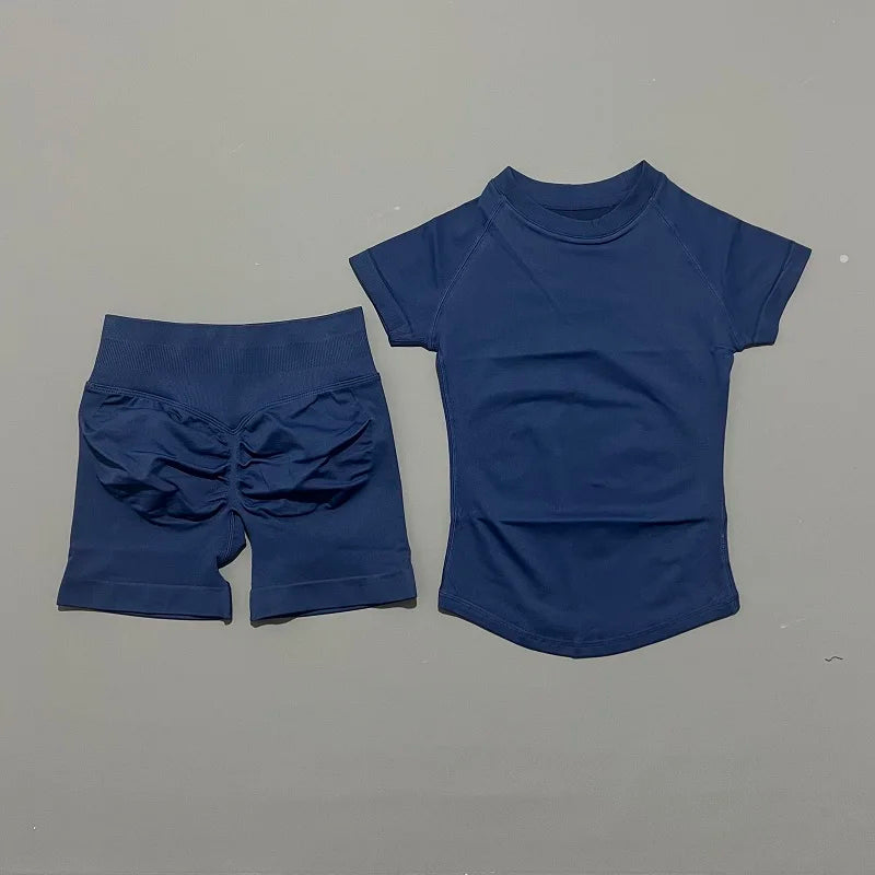 2 Pieces Impact Sports Sets Short Sleeve Seamless Yoga Top Fitness Set Women Workout Running Sports Shorts Gym Suit