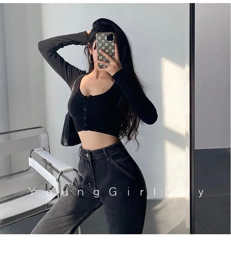 Sexy Hot Girl Tie Dye Long Sleeve T-Shirt Ultra Short Tight Inner Wear Base Shirt Jazz Dancing Black Top Women's Cotton Tee