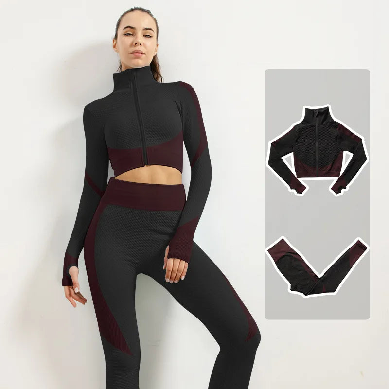 2/3pcs Woman Fitness Sports Yoga Set  Long Sleeves Zipper Jacket Cross Back Bra High Waisted GYM Stretch Leggings Workout Sets