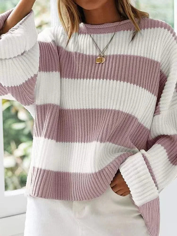 Knitted Sweater For Women 2025 Fashion Autumn And Winter O-Neck Long Sleeve Striped Sweater Loose Fit Comfortable Casual Style