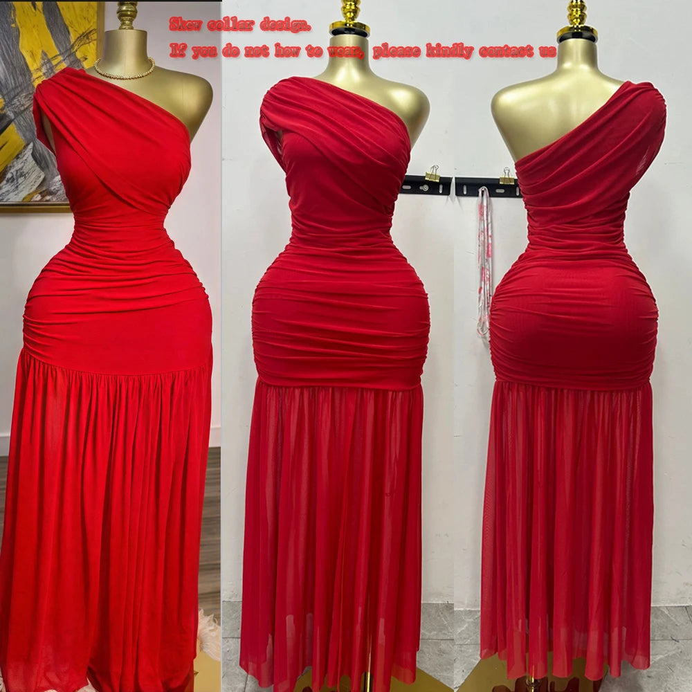 Stylish Evening Sexy Club Party Holiday Maxi Dress for Women Elegant Skew Neck One Sleeve Off Shoulder Mesh Slit Long Dresses