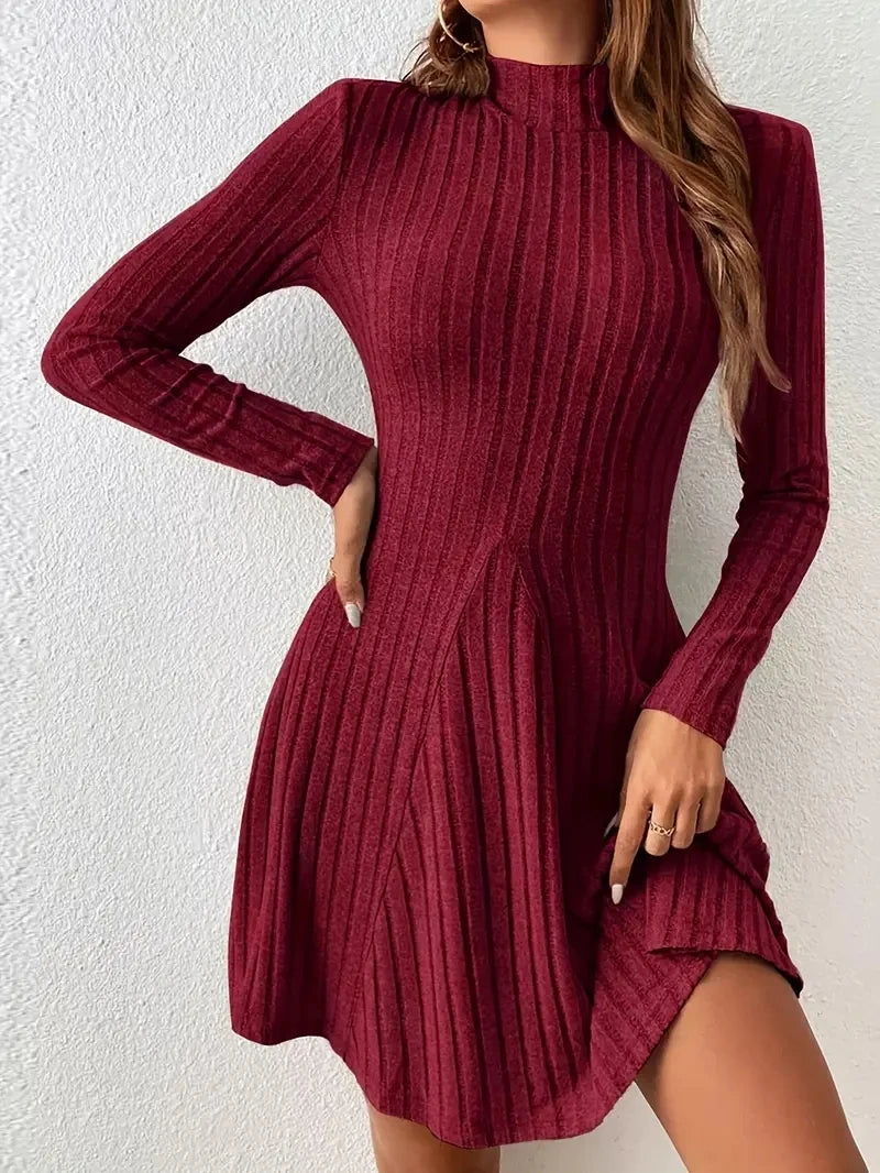 Women's slim fit half high collar waist cinched A-line skirt long sleeved pit stripe dress