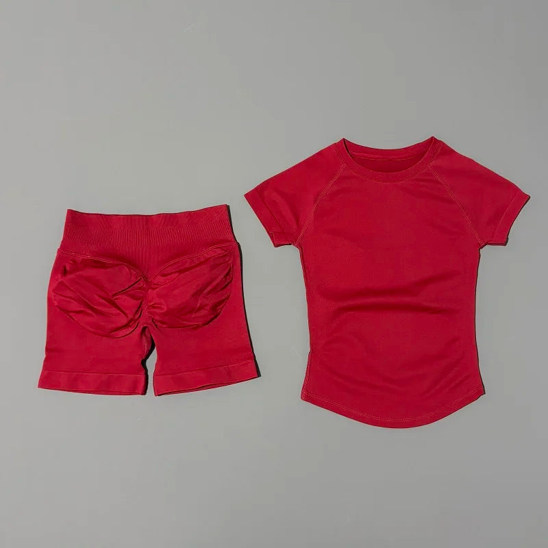 2 Pieces Impact Sports Sets Short Sleeve Seamless Yoga Top Fitness Set Women Workout Running Sports Shorts Gym Suit