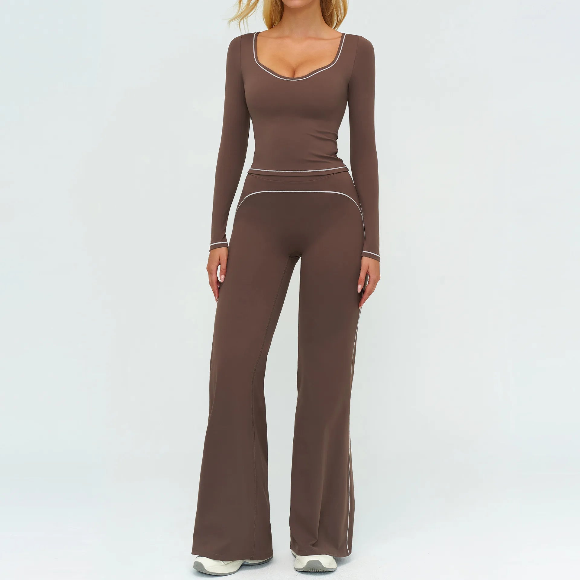 2PCS Yoga Set Gym Fitness Suits Outdoor Sports Outfits Women Tracksuit Sportswear Workout Long Sleeved Flared Pants Gym Clothes