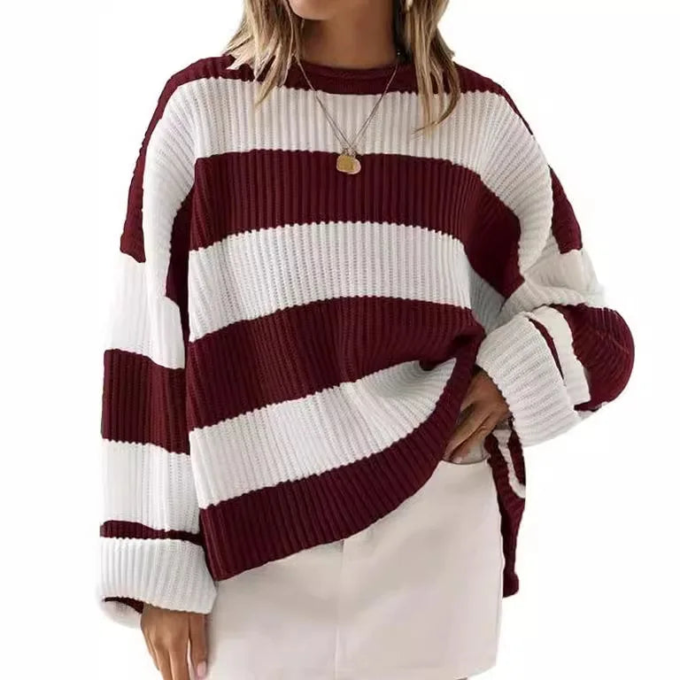 Knitted Sweater For Women 2025 Fashion Autumn And Winter O-Neck Long Sleeve Striped Sweater Loose Fit Comfortable Casual Style