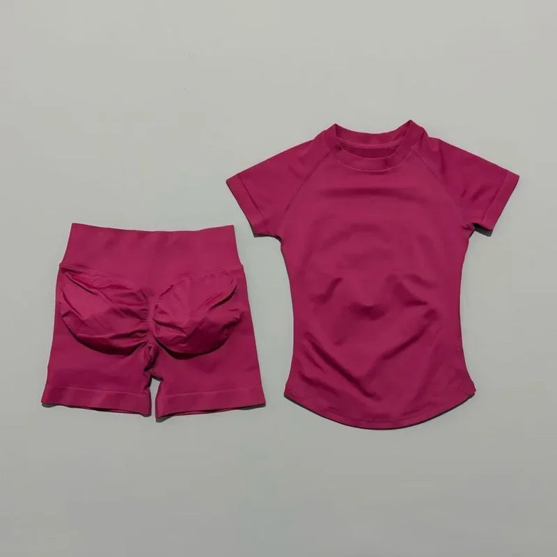 2 Pieces Impact Sports Sets Short Sleeve Seamless Yoga Top Fitness Set Women Workout Running Sports Shorts Gym Suit