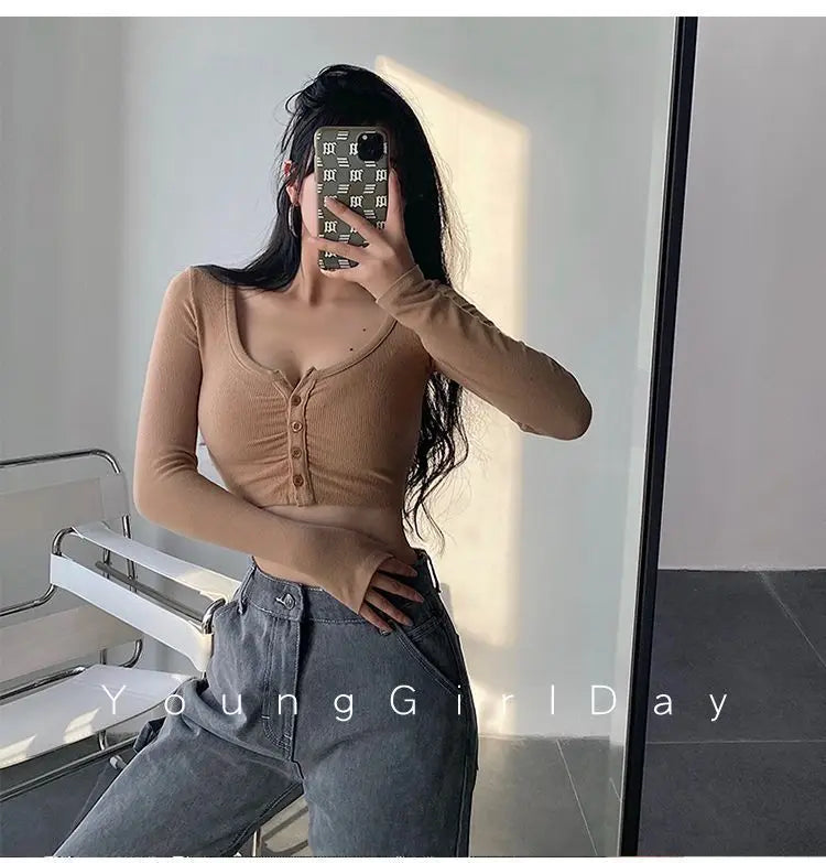 Sexy Hot Girl Tie Dye Long Sleeve T-Shirt Ultra Short Tight Inner Wear Base Shirt Jazz Dancing Black Top Women's Cotton Tee