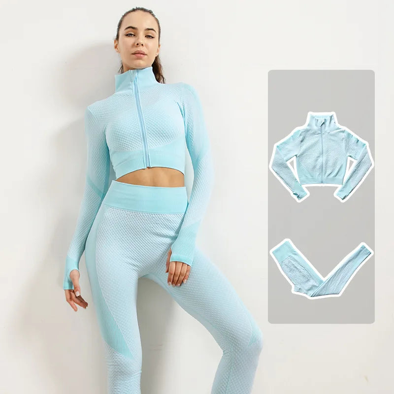 2/3pcs Woman Fitness Sports Yoga Set  Long Sleeves Zipper Jacket Cross Back Bra High Waisted GYM Stretch Leggings Workout Sets