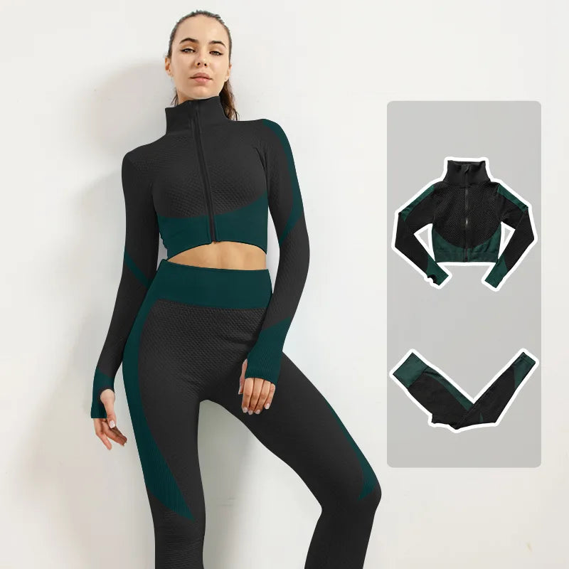 2/3pcs Woman Fitness Sports Yoga Set  Long Sleeves Zipper Jacket Cross Back Bra High Waisted GYM Stretch Leggings Workout Sets