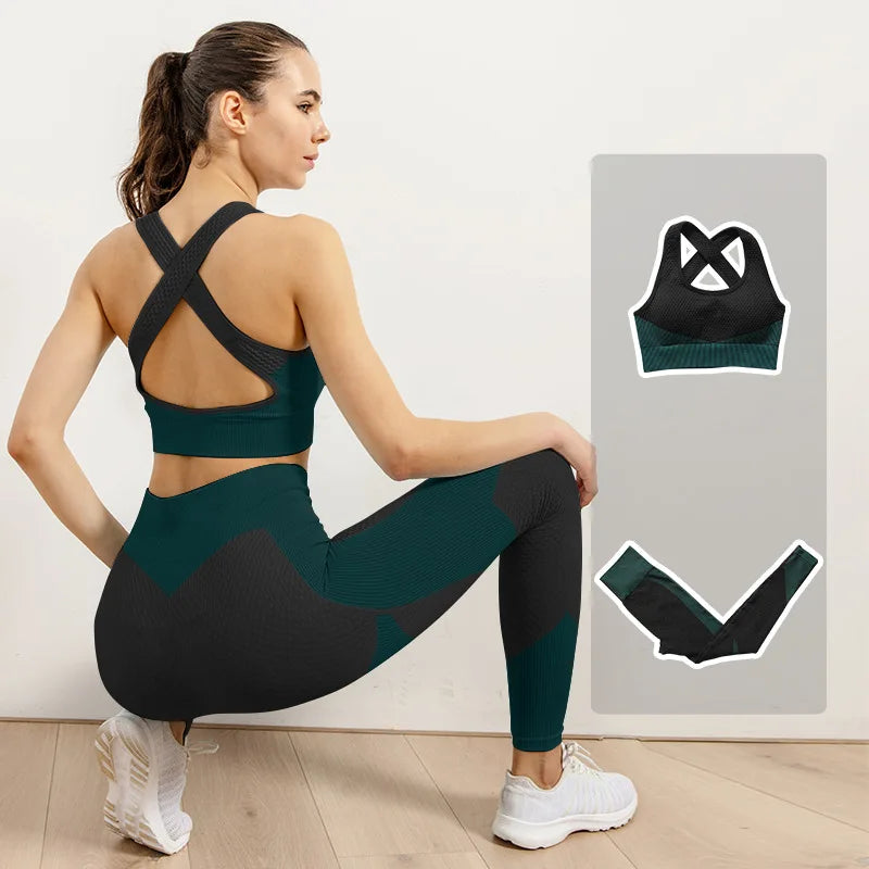 2/3pcs Woman Fitness Sports Yoga Set  Long Sleeves Zipper Jacket Cross Back Bra High Waisted GYM Stretch Leggings Workout Sets