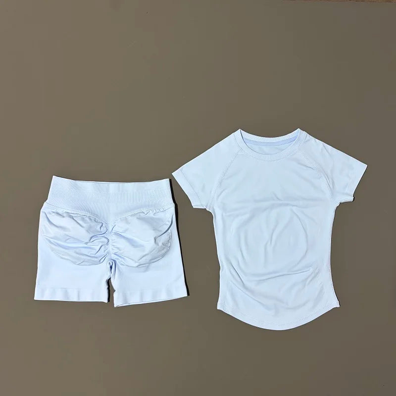 2 Pieces Impact Sports Sets Short Sleeve Seamless Yoga Top Fitness Set Women Workout Running Sports Shorts Gym Suit