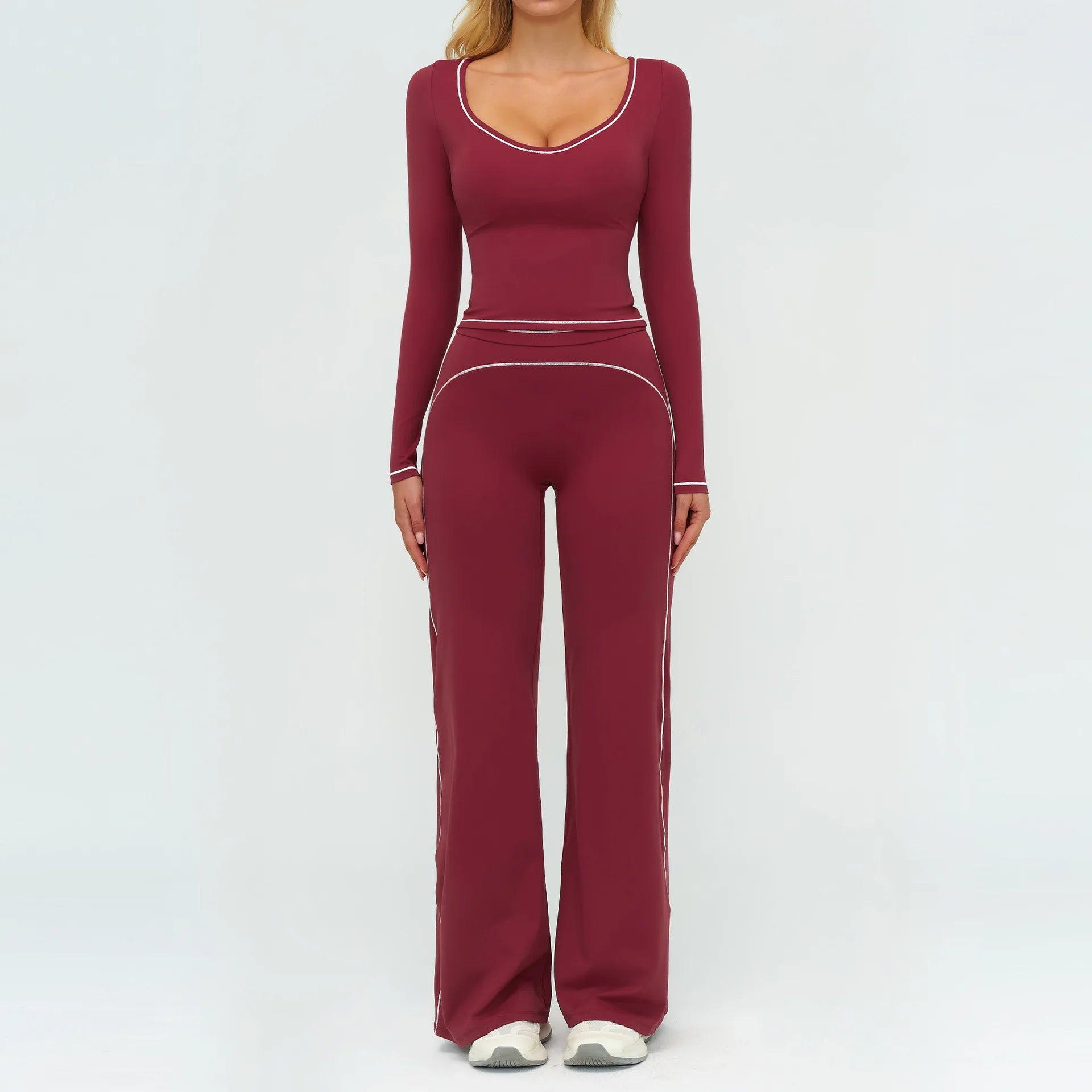 2PCS Yoga Set Gym Fitness Suits Outdoor Sports Outfits Women Tracksuit Sportswear Workout Long Sleeved Flared Pants Gym Clothes