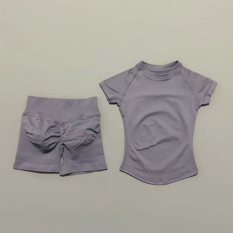 2 Pieces Impact Sports Sets Short Sleeve Seamless Yoga Top Fitness Set Women Workout Running Sports Shorts Gym Suit