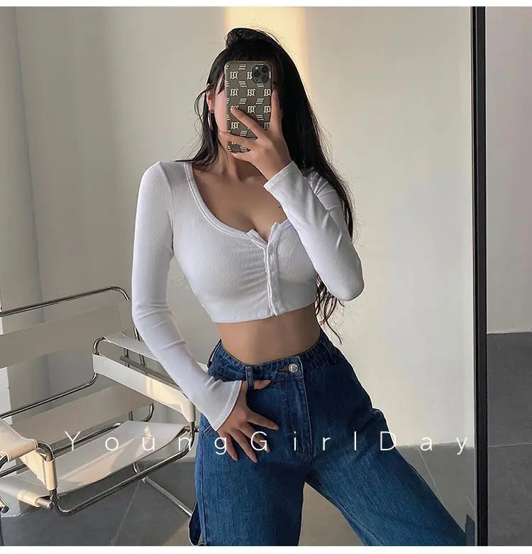 Sexy Hot Girl Tie Dye Long Sleeve T-Shirt Ultra Short Tight Inner Wear Base Shirt Jazz Dancing Black Top Women's Cotton Tee