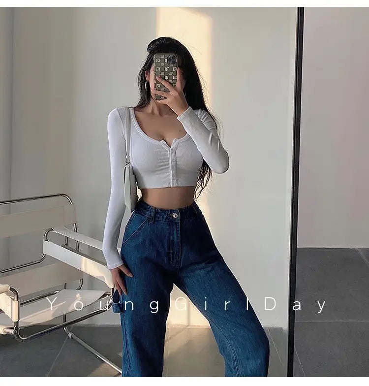 Sexy Hot Girl Tie Dye Long Sleeve T-Shirt Ultra Short Tight Inner Wear Base Shirt Jazz Dancing Black Top Women's Cotton Tee