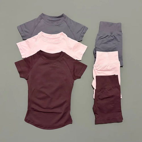 2 Pieces Impact Sports Sets Short Sleeve Seamless Yoga Top Fitness Set Women Workout Running Sports Shorts Gym Suit