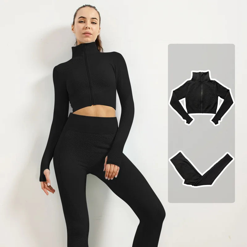 2/3pcs Woman Fitness Sports Yoga Set  Long Sleeves Zipper Jacket Cross Back Bra High Waisted GYM Stretch Leggings Workout Sets