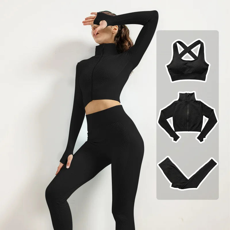 2/3pcs Woman Fitness Sports Yoga Set  Long Sleeves Zipper Jacket Cross Back Bra High Waisted GYM Stretch Leggings Workout Sets