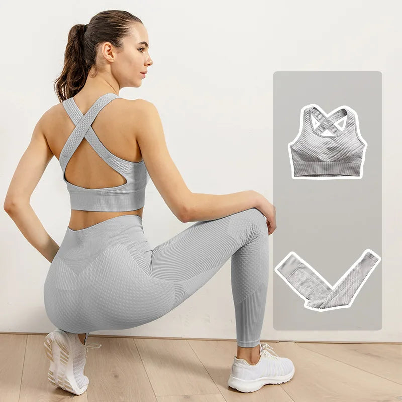 2/3pcs Woman Fitness Sports Yoga Set  Long Sleeves Zipper Jacket Cross Back Bra High Waisted GYM Stretch Leggings Workout Sets