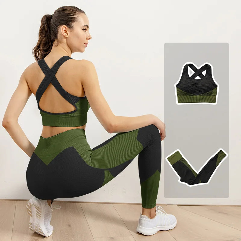 2/3pcs Woman Fitness Sports Yoga Set  Long Sleeves Zipper Jacket Cross Back Bra High Waisted GYM Stretch Leggings Workout Sets
