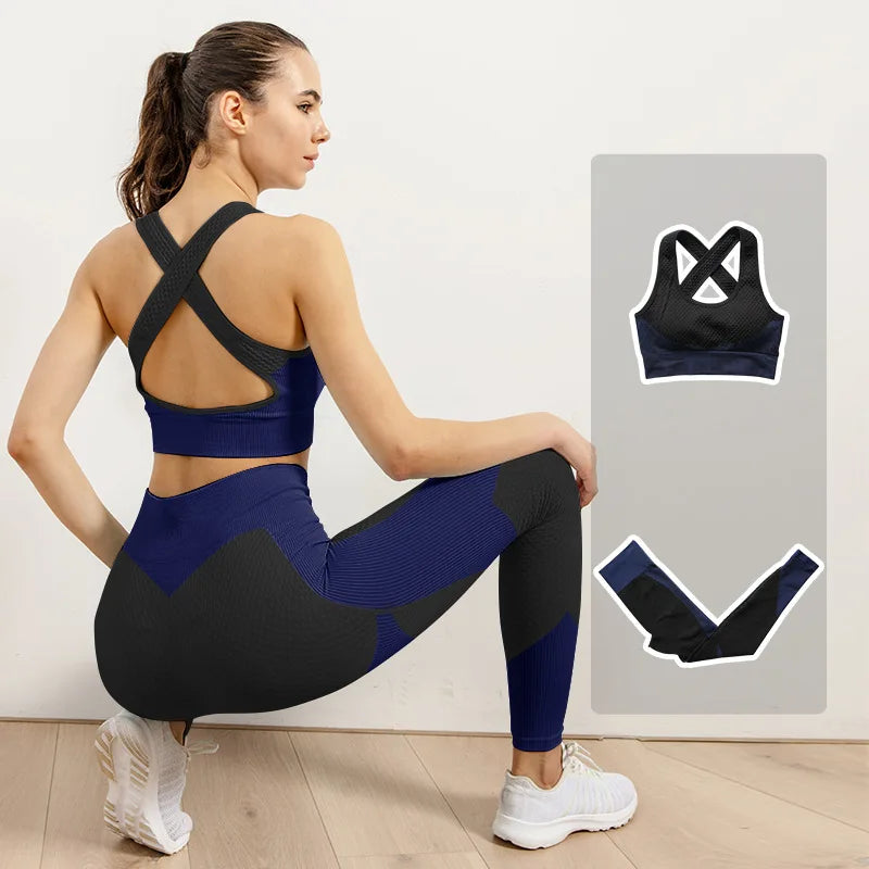 2/3pcs Woman Fitness Sports Yoga Set  Long Sleeves Zipper Jacket Cross Back Bra High Waisted GYM Stretch Leggings Workout Sets