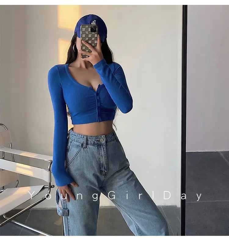 Sexy Hot Girl Tie Dye Long Sleeve T-Shirt Ultra Short Tight Inner Wear Base Shirt Jazz Dancing Black Top Women's Cotton Tee