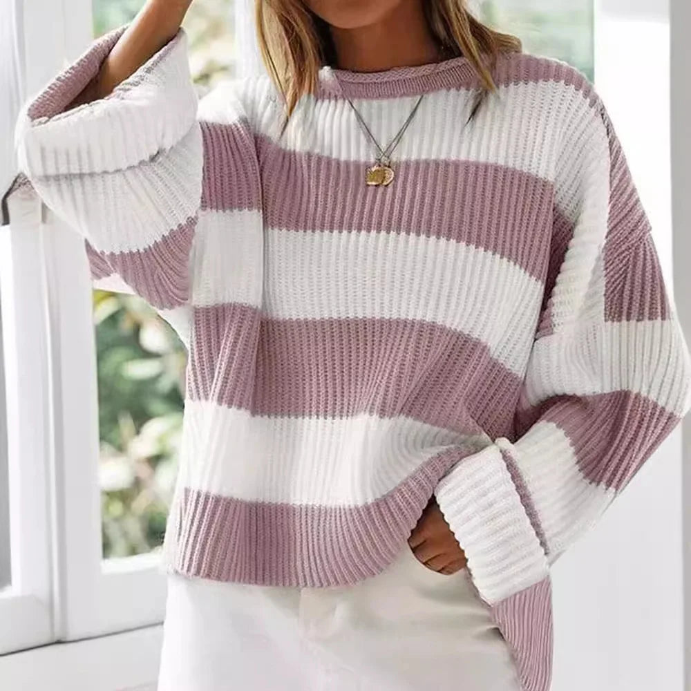 Knitted Sweater For Women 2025 Fashion Autumn And Winter O-Neck Long Sleeve Striped Sweater Loose Fit Comfortable Casual Style