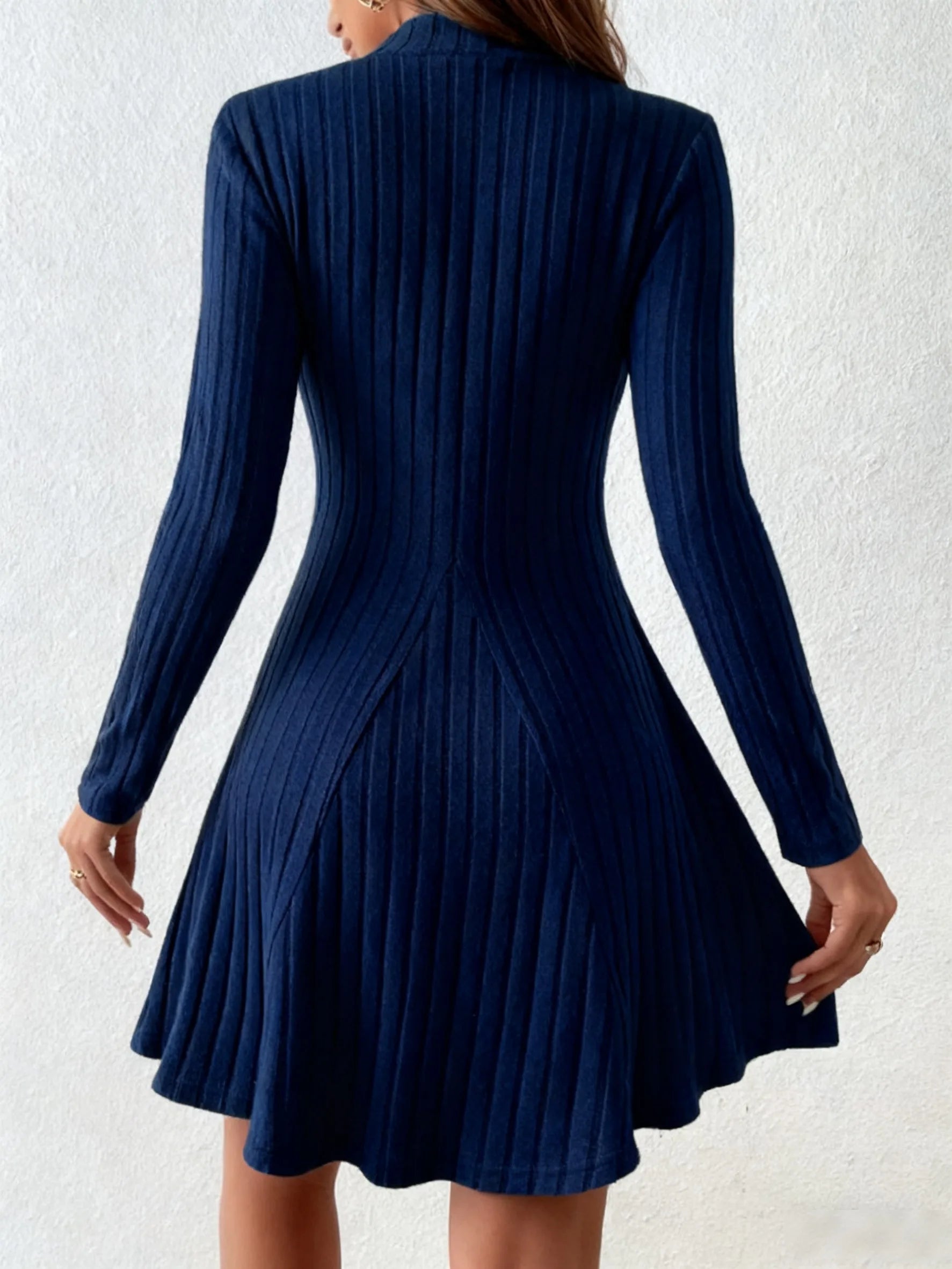 Women's slim fit half high collar waist cinched A-line skirt long sleeved pit stripe dress