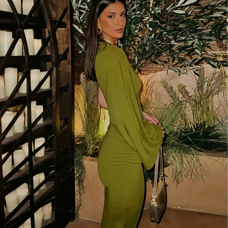 MUJER Green Draped Long Dress Women Asymmetric Cut out Midi Dress Woman Sexy Evening Dresses for Women One Sleeve Night Dresses