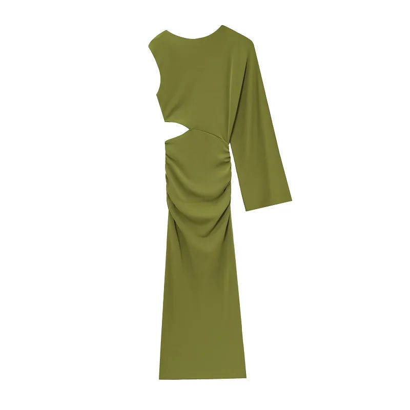 MUJER Green Draped Long Dress Women Asymmetric Cut out Midi Dress Woman Sexy Evening Dresses for Women One Sleeve Night Dresses