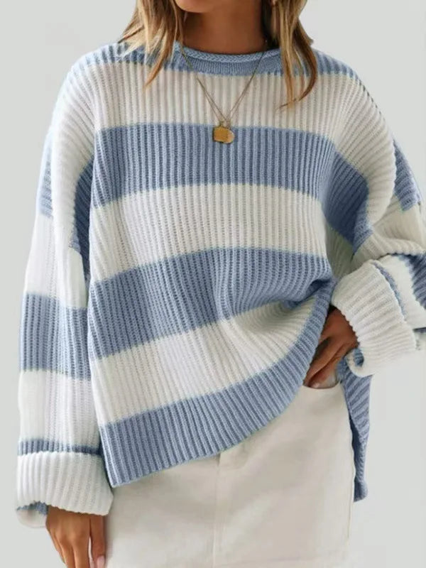 Knitted Sweater For Women 2025 Fashion Autumn And Winter O-Neck Long Sleeve Striped Sweater Loose Fit Comfortable Casual Style