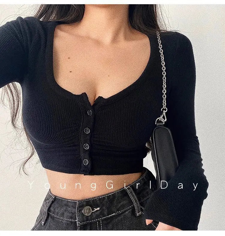 Sexy Hot Girl Tie Dye Long Sleeve T-Shirt Ultra Short Tight Inner Wear Base Shirt Jazz Dancing Black Top Women's Cotton Tee