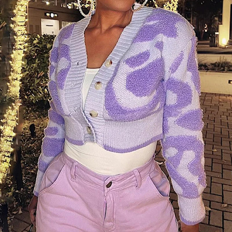 BKLD 2025 Autumn Fashion Y2K Contrasting Cropped Tops V Neck Long Sleeved Single-breasted Sweet Cardigan Women's Casual Knitwear