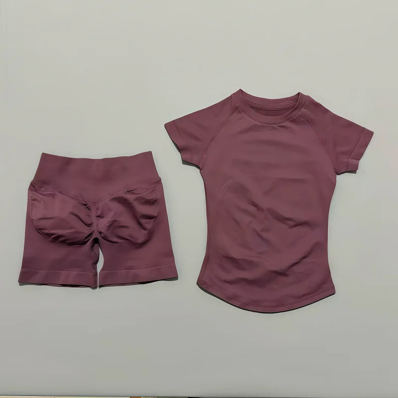 2 Pieces Impact Sports Sets Short Sleeve Seamless Yoga Top Fitness Set Women Workout Running Sports Shorts Gym Suit