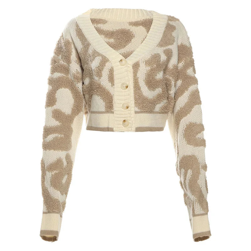 BKLD 2025 Autumn Fashion Y2K Contrasting Cropped Tops V Neck Long Sleeved Single-breasted Sweet Cardigan Women's Casual Knitwear